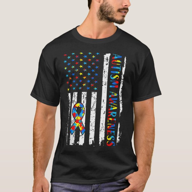 Autism Awareness Mum Dad Usa Flag Autistic  T-Shirt (Front)