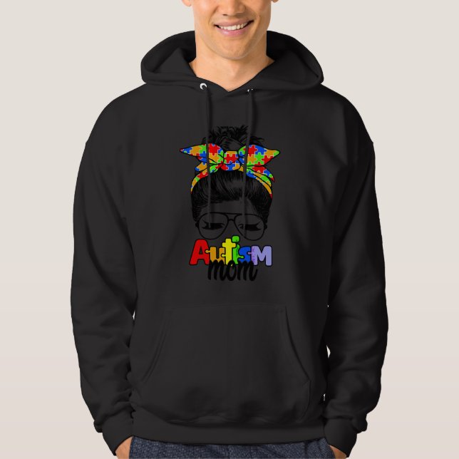 Autism Awareness Mum Life Messy Bun Sunglasses Ban Hoodie (Front)