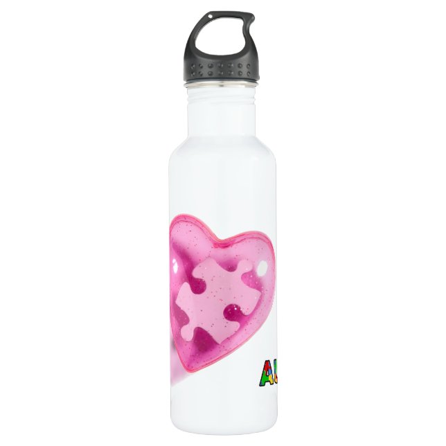 Autism Awareness Pink Heart Customise 710 Ml Water Bottle (Front)