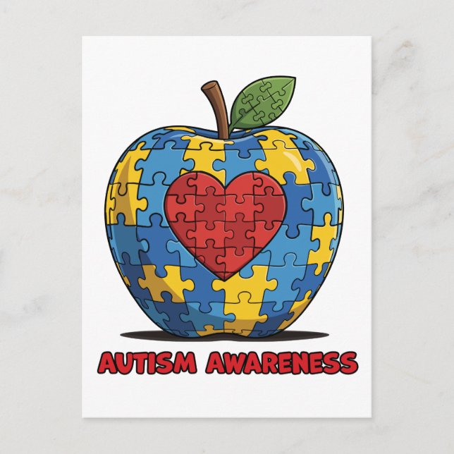 Autism Awareness Puzzle Apple Heart Postcard (Front)