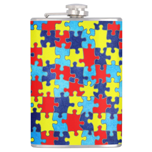 Autism Awareness-Puzzle by Shirley Taylor Hip Flask (Front)