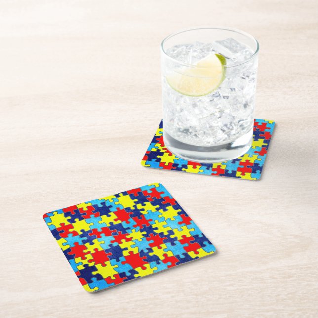 Autism Awareness-Puzzle by Shirley Taylor Square Paper Coaster (Insitu)