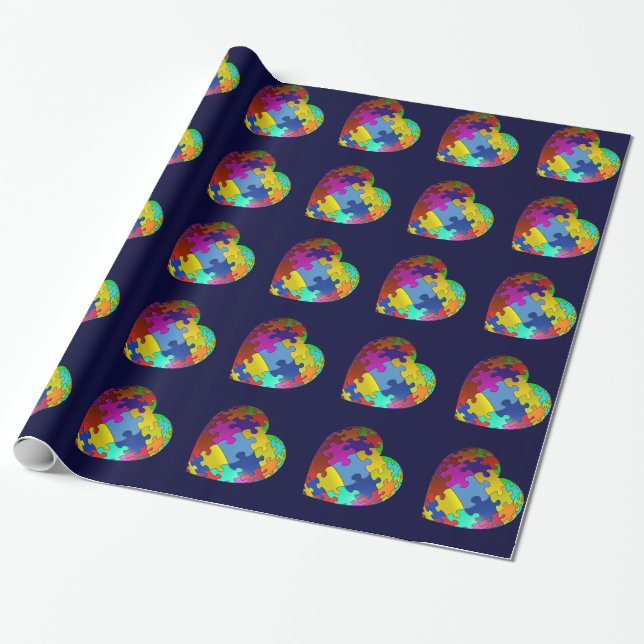 Autism Awareness Puzzle Heart Wrapping Paper (Unrolled)