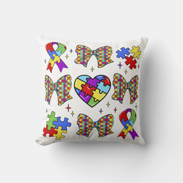 Autism Awareness Puzzle Piece Coquette Bow Cushion (Front)