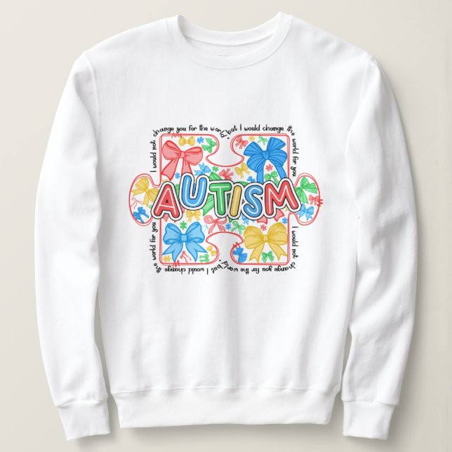 Autism Awareness Puzzle Piece Coquette Bow Sweatshirt (Design Front)