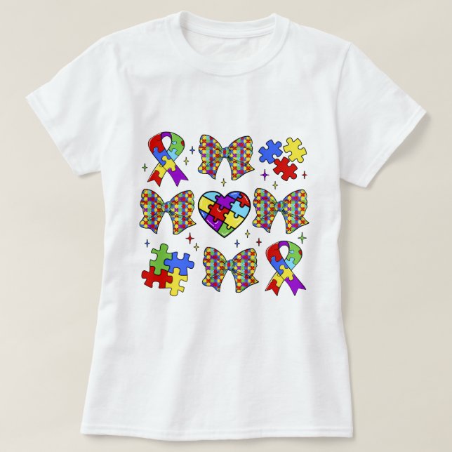 Autism Awareness Puzzle Piece Coquette Bow T-Shirt (Design Front)