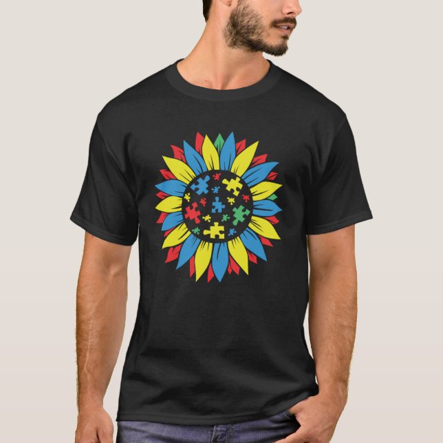 Autism Awareness Puzzle Piece Sunflower Autism War T-Shirt (Front)