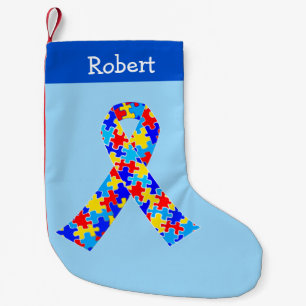 Autism Awareness Ribbon Cute Personalised Blue Small Christmas Stocking