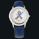 Autism Awareness Ribbon Personalised Blue Kids Watch<br><div class="desc">Beautiful autism ribbon filled with puzzle pieces in blue. A pretty autism awareness personalised kids watch gift. Monogram with your child's name.</div>