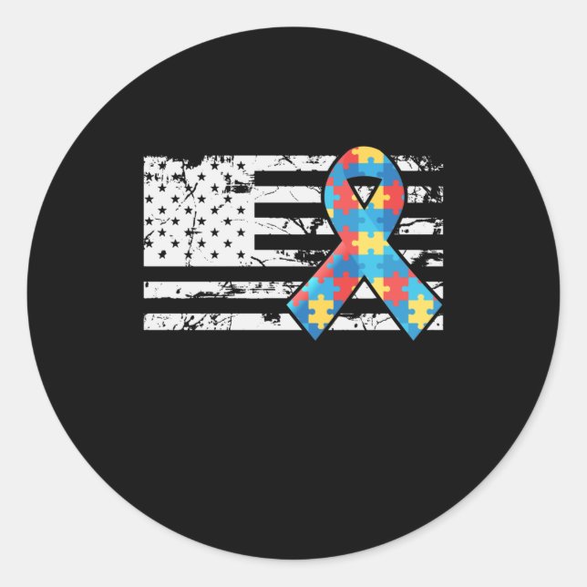 Autism Awareness Ribbon USA American Flag Classic Round Sticker (Front)
