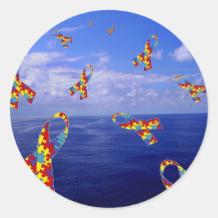 Autism Awareness Ribbons Cascading Over the Sea Classic Round Sticker