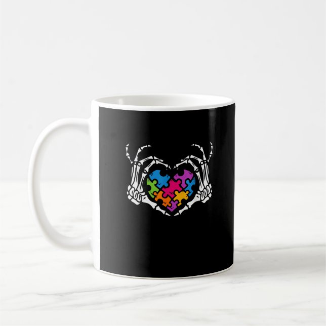 Autism Awareness s s Skeleton Hand Heart Puzzle Pi Coffee Mug (Left)