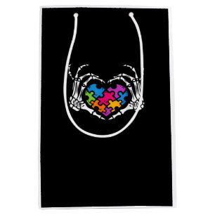 Autism Awareness s s Skeleton Hand Heart Puzzle Pi Medium Gift Bag