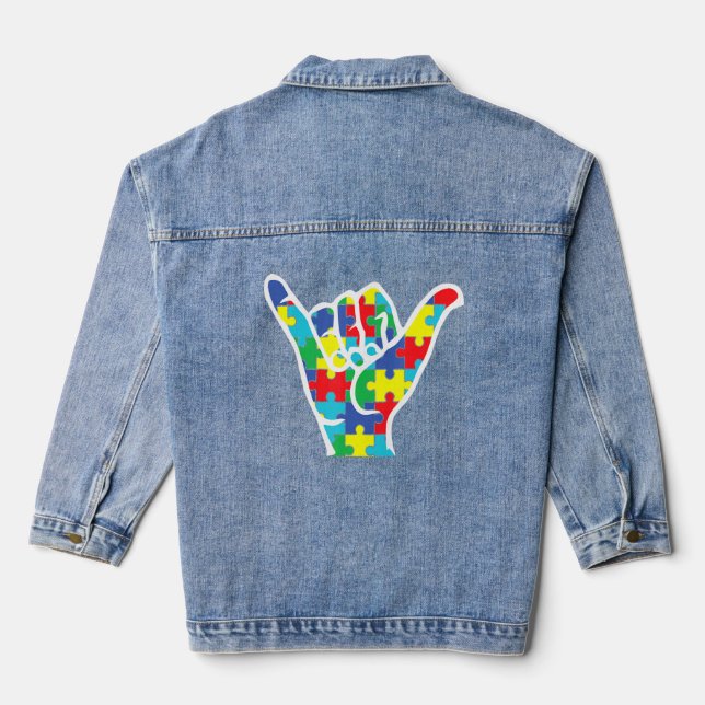 Autism Awareness, Shaka Hand Hang Loose, Support A Denim Jacket (Back)