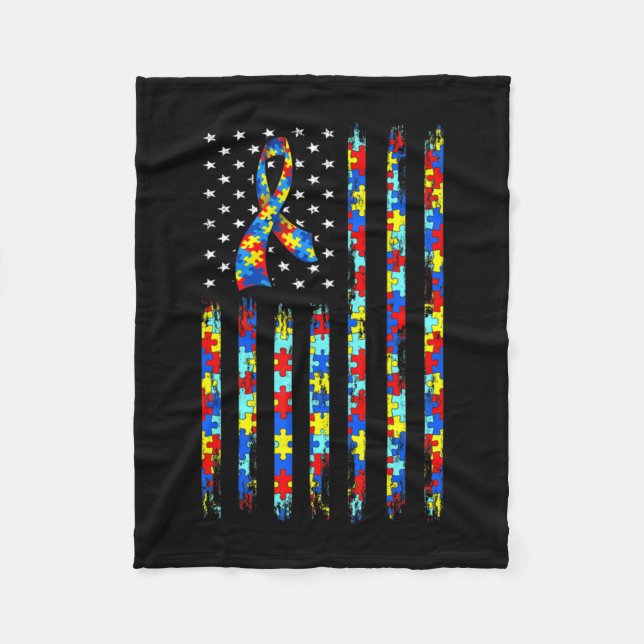 Autism Awareness Shirt American Flag Ribbon Puzzle Fleece Blanket (Front)