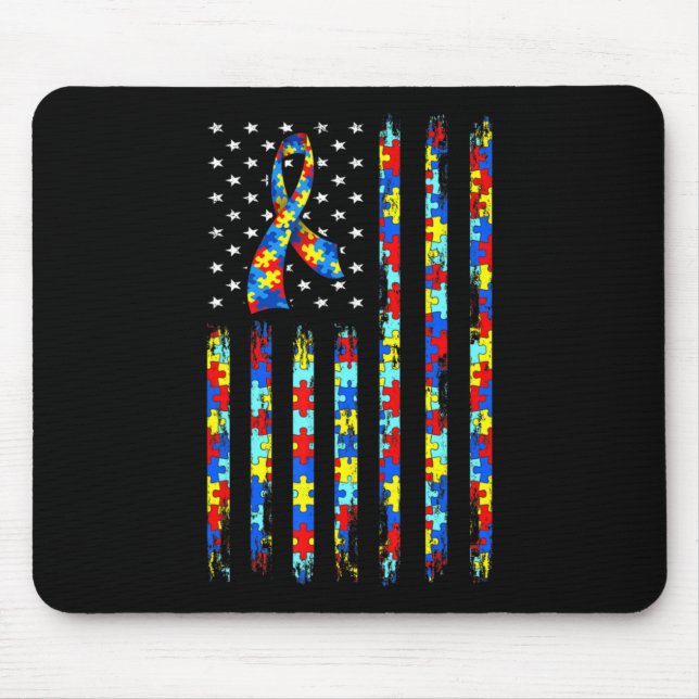 Autism Awareness Shirt American Flag Ribbon Puzzle Mouse Mat (Front)