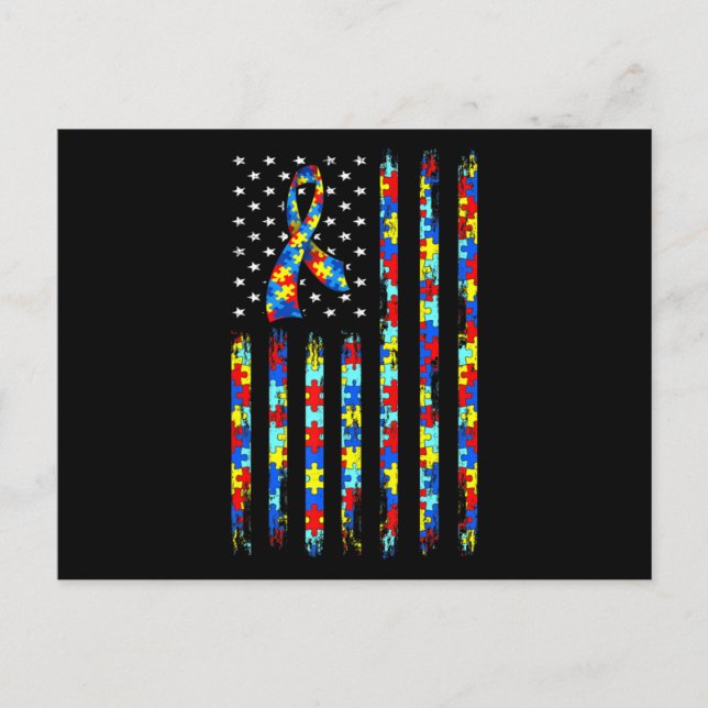 Autism Awareness Shirt American Flag Ribbon Puzzle Postcard (Front)
