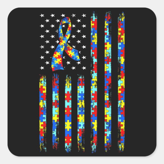 Autism Awareness Shirt American Flag Ribbon Puzzle Square Sticker (Front)
