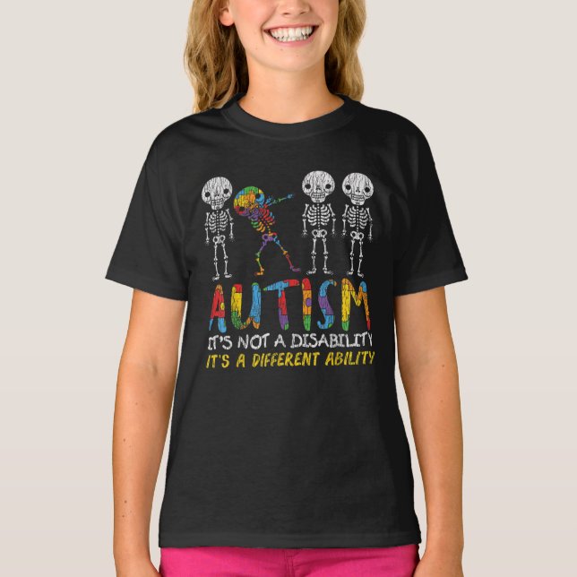 Autism Awareness Skeleton Dabbing Autistic Kids  T-Shirt (Front)