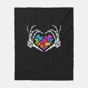 Autism Awareness Skeleton Heart Puzzle Piece Fleece Blanket