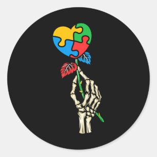 Autism Awareness Skull Hand Rose Autism Puzzle Pie Classic Round Sticker