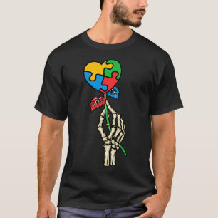 Autism Awareness Skull Hand Rose Autism Puzzle Pie T-Shirt