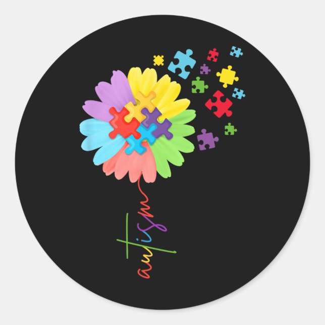 Autism Awareness Sunflower Puzzle Piece  Kids  Classic Round Sticker (Front)