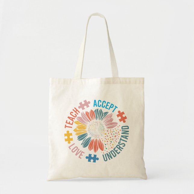 Autism Awareness Sunflower "Teach Love Accept" Tote Bag (Front)