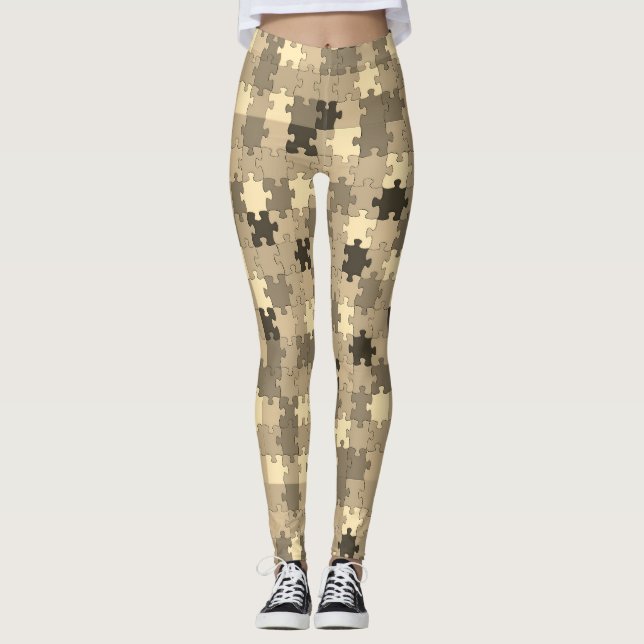 Autism Awareness Symbol Puzzle Pieces Sepia Leggings (Front)
