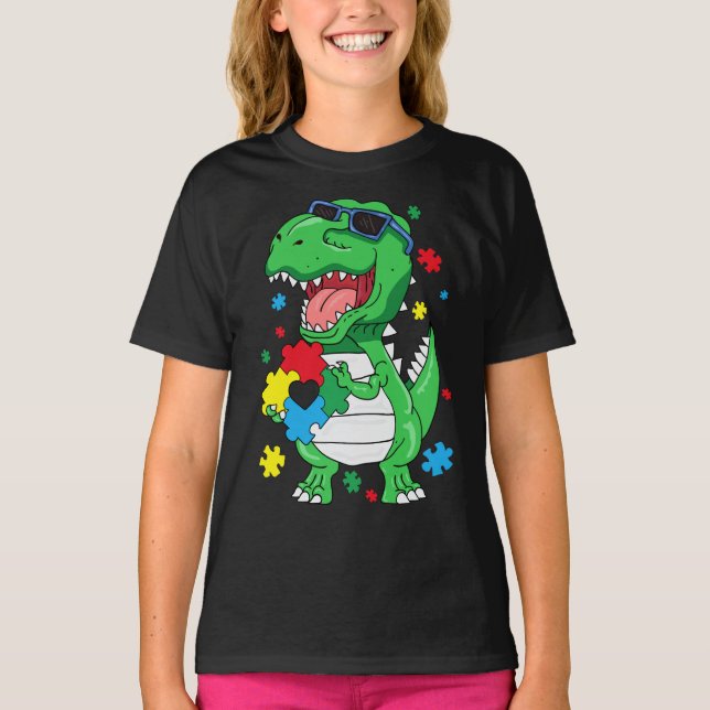  Autism Awareness T Rex Dinosaur Puzzle Piece Kids T-Shirt (Front)