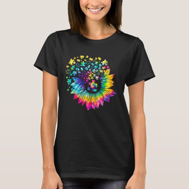 Autism Awareness  Tie Dye Sunflower Puzzle T-Shirt (Front)