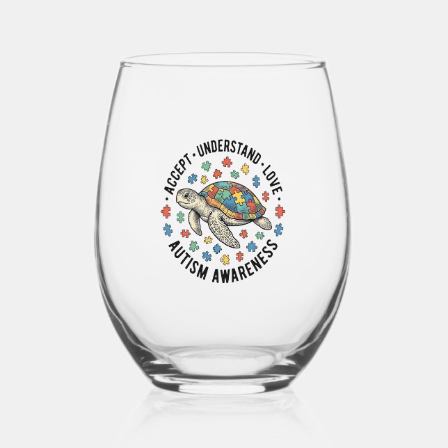 Autism Awareness Turtle Puzzle Vector Design_1 Stemless Wine Glass (Front)