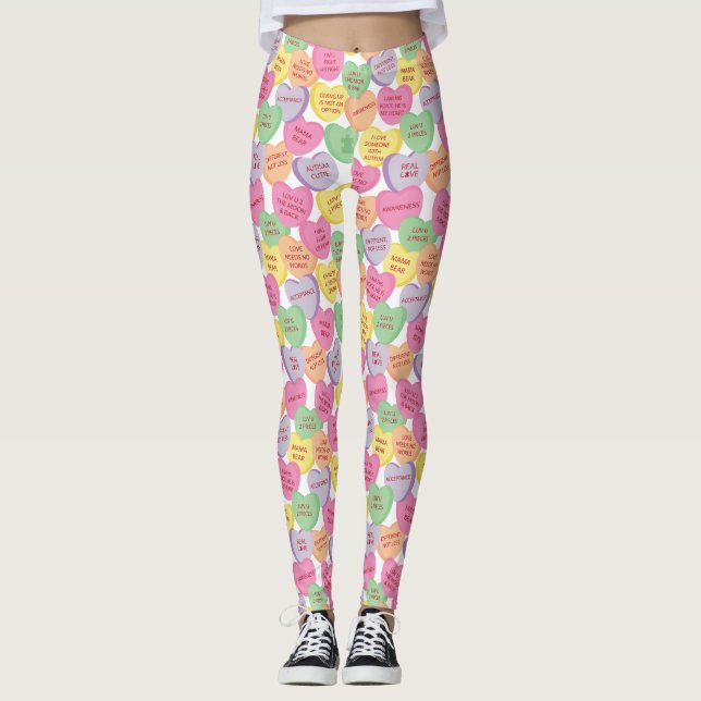 Autism Awareness Valentine Heart Candy Sayings Leggings (Front)