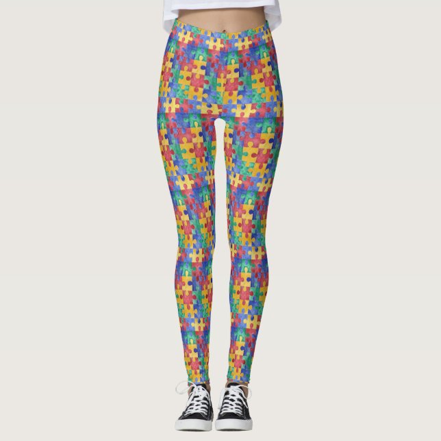 Autism awareness watercolor puzzle design leggings (Front)