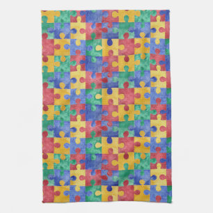 Autism Awareness watercolor puzzle kitchen towel