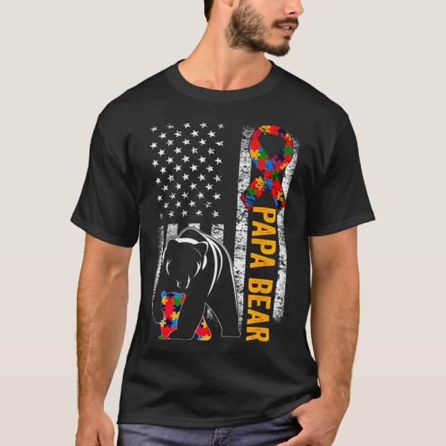 Autism Bear Papa American Flag Awareness T-Shirt (Front)