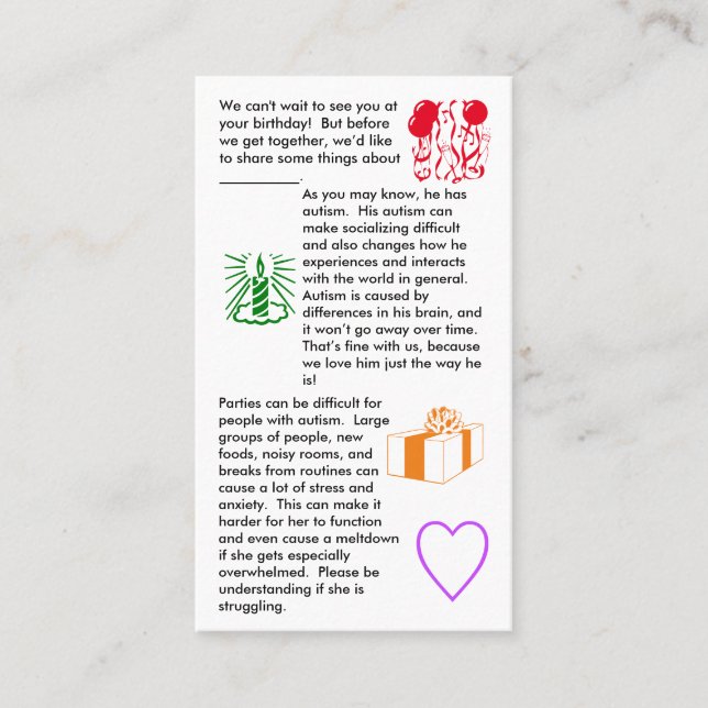 Autism Birthday Girl Business Card (Front)