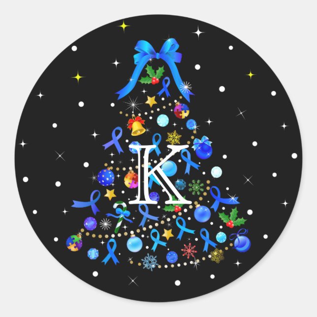 Autism Blue Christmas Tree Classic Round Sticker (Front)