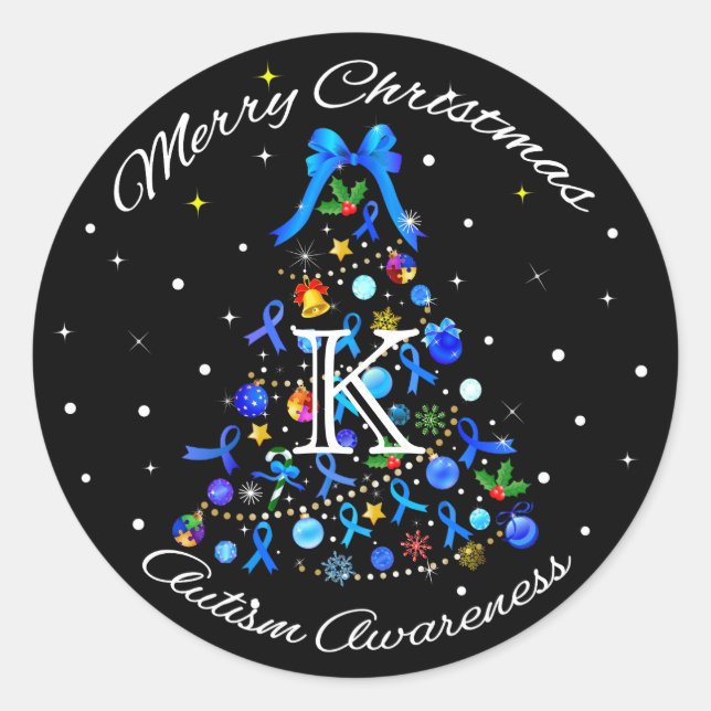 Autism Blue Christmas Tree Classic Round Sticker (Front)