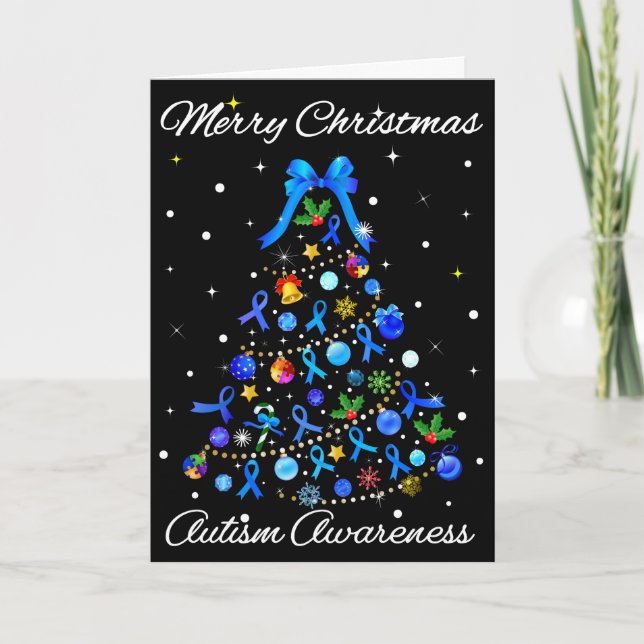 Autism Blue Christmas Tree Holiday Card (Front)