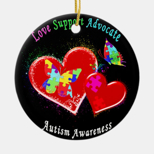 Autism Butterflies in Hearts Ceramic Tree Decoration (Front)