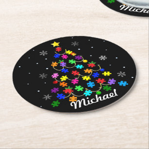 Autism Christmas Tree Round Paper Coaster