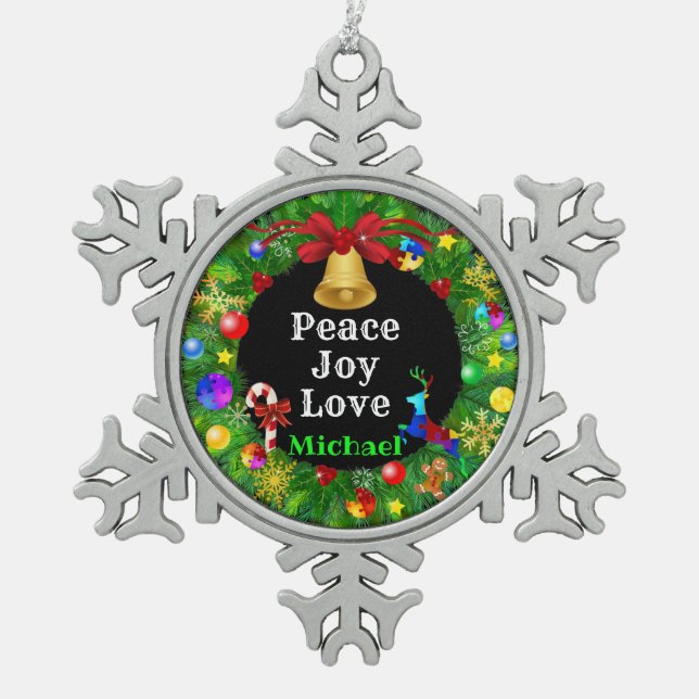 Autism Christmas Wreath Snowflake Pewter Christmas Ornament (Front)