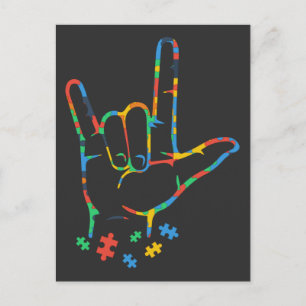 Autism Colourful Puzzle ASL Hand Sign Language Postcard