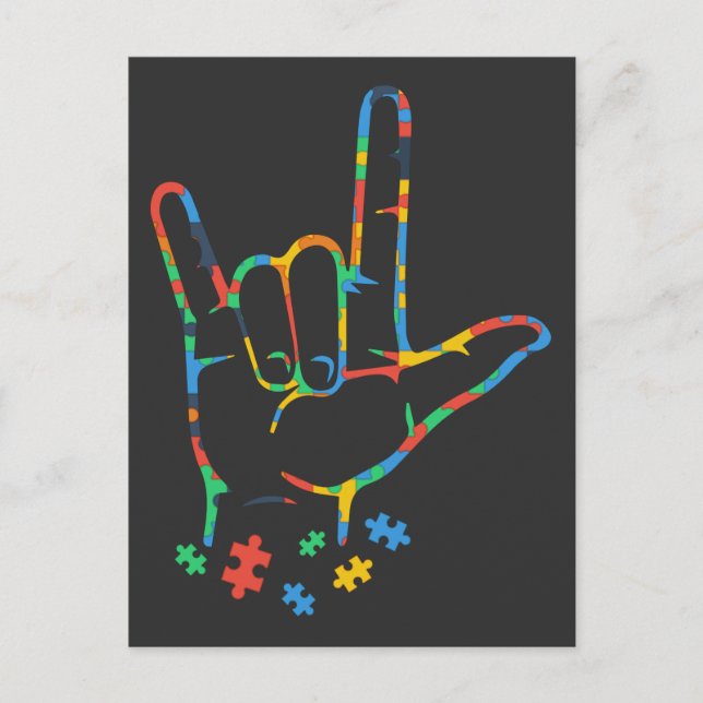 Autism Colourful Puzzle ASL Hand Sign Language Postcard (Front)