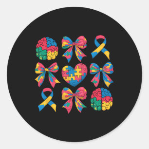Autism Coquette Ribbon Bow Heart Puzzle Autism Awa Classic Round Sticker