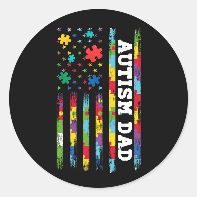 Autism Dad Awareness American Flag USA Puzzle For  Classic Round Sticker (Front)