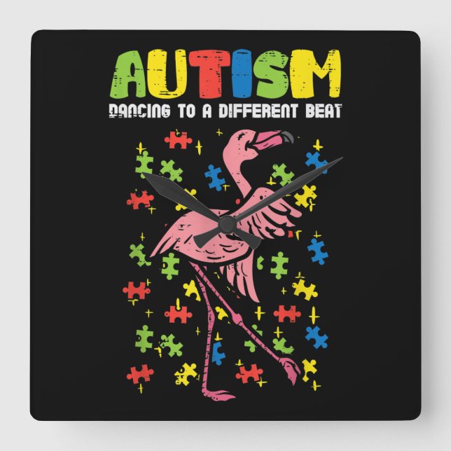 Autism Dancing Different Beat Flamingo Cute Square Wall Clock (Front)