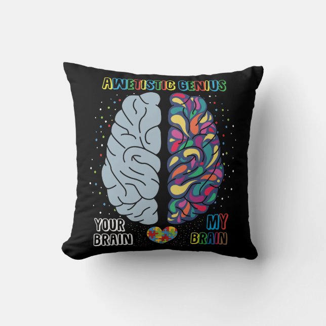 Autism Genius Heart Autistic Colorful Brain Cushion (Front)