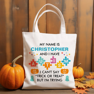 Autism Halloween Trick Or Treat Personalised Name Tote Bag
